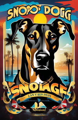 Digital art of Snoop Dogg as a Doberman Pinscher on an album cover with a stylized Long Beach background and graffiti-style title