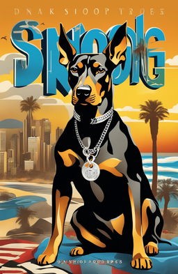 Digital art of Snoop Dogg as a Doberman Pinscher on an album cover with a stylized Long Beach background and graffiti-style title