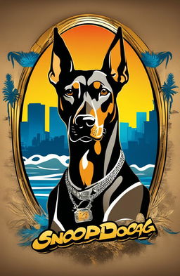 Digital art of Snoop Dogg as a Doberman Pinscher on an album cover with a stylized Long Beach background and graffiti-style title