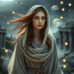 A mystical woman oracle with flowing brown hair, elegantly adorned with a delicate veil wrapped around her head, enhancing her enigmatic allure
