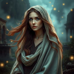A mystical woman oracle with flowing brown hair, elegantly adorned with a delicate veil wrapped around her head, enhancing her enigmatic allure