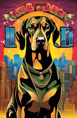 Digital art of Snoop Dogg as a Doberman Pinscher on an album cover with a stylized Long Beach background and graffiti-style title