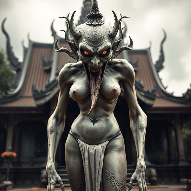 A fierce and scary Thai ghost woman, with an intimidating expression and a long tongue