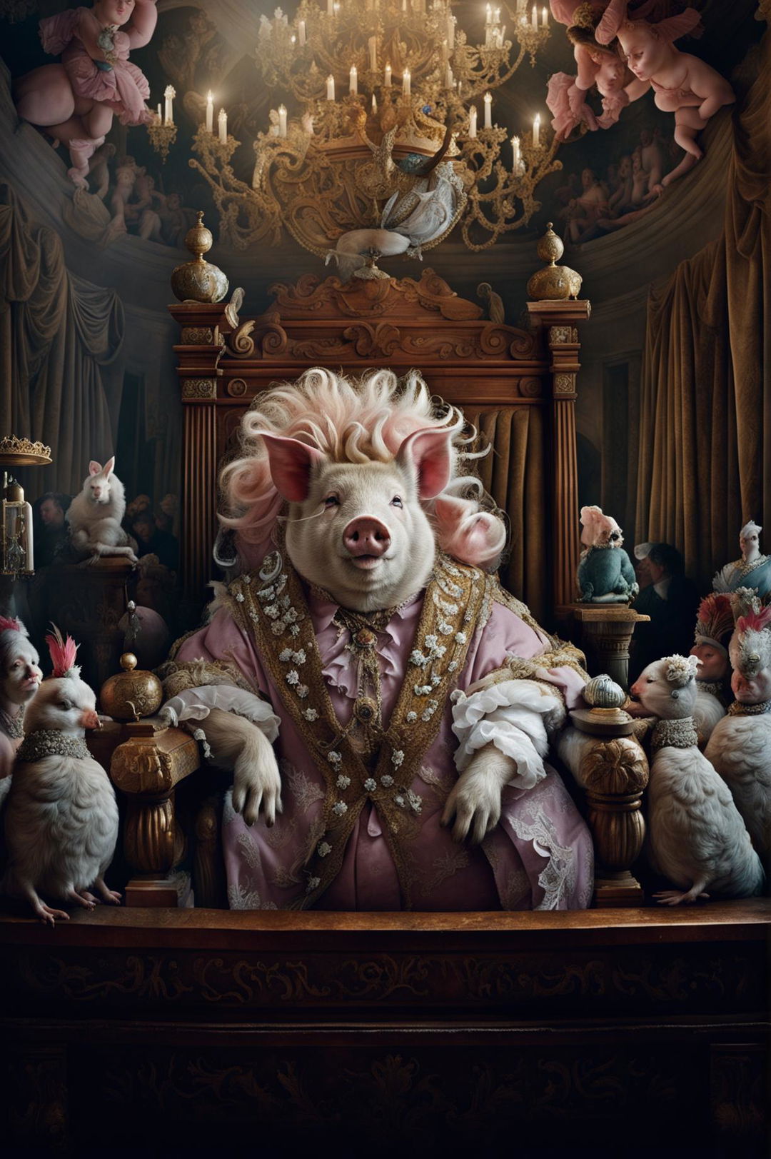 A regal pig in a Rococo wig and crown sits on an ornate throne in a grand hall, commanding an assortment of animals dressed in period attire