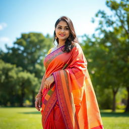 A woman with big breasts wearing a colorful saree that elegantly flows around her