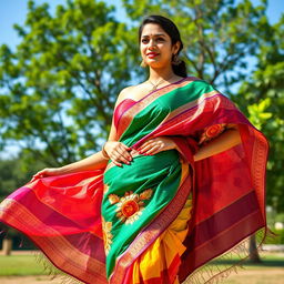 A woman with big breasts wearing a colorful saree that elegantly flows around her