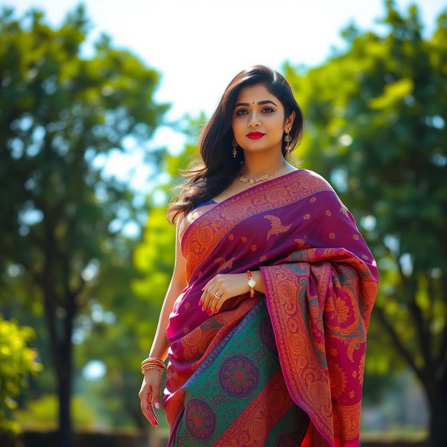 A woman with big breasts wearing a colorful saree that elegantly flows around her