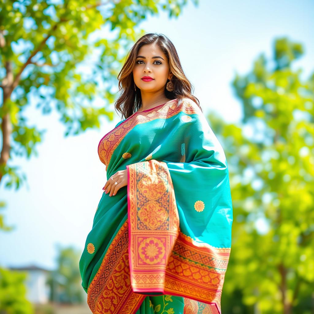 A woman with big breasts wearing a colorful saree that elegantly flows around her