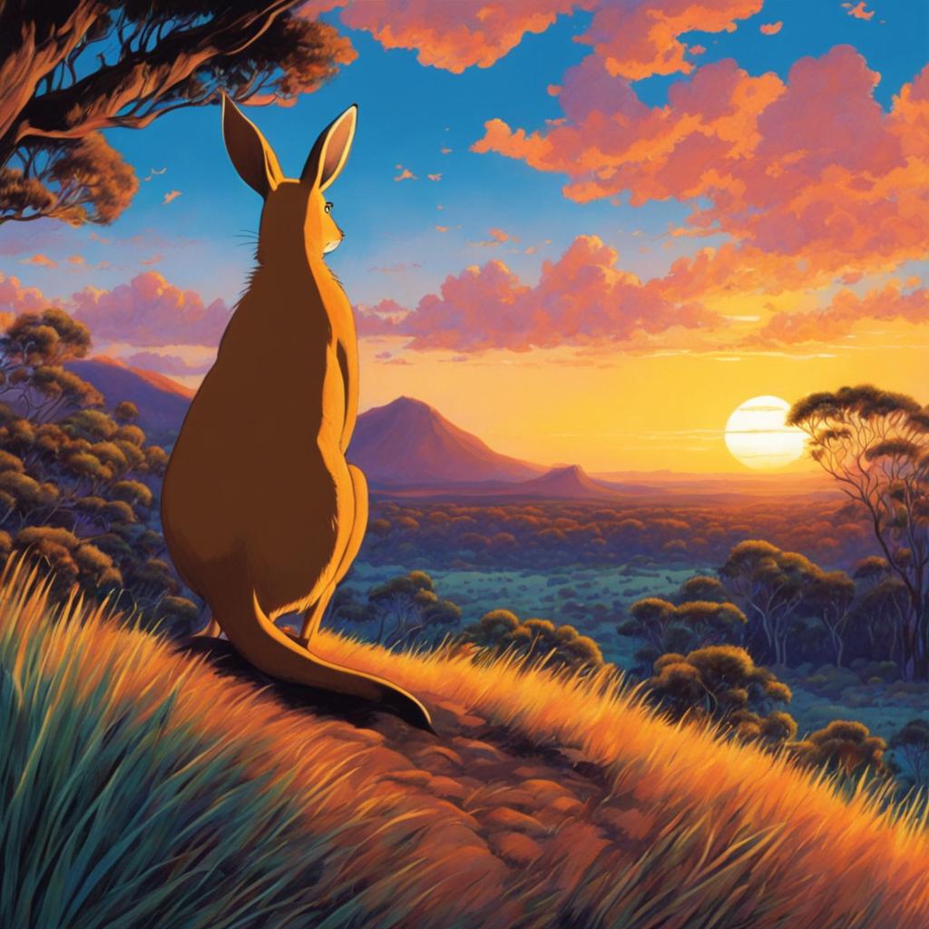 A vibrant Studio Ghibli poster featuring a detailed kangaroo in a color-rich Australian outback setting during dusk.