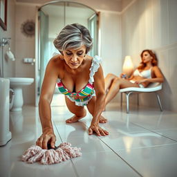 A striking scene featuring a mature maid in a colorful bikini, positioned on all fours scrubbing a spotless bathroom floor