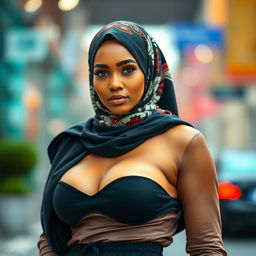 A confident and stylish woman wearing a hijab, showcasing a fashionable outfit that elegantly emphasizes her curves