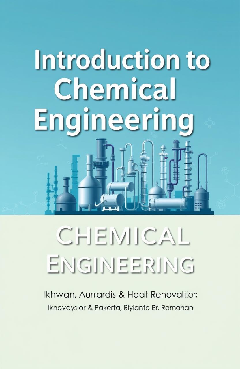 A book cover design for an introduction to chemical engineering, featuring various industrial chemical engineering equipment like reactors, distillation columns, and heat exchangers, with a sophisticated and modern aesthetic