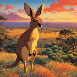 A vibrant Studio Ghibli poster featuring a detailed kangaroo in a color-rich Australian outback setting during dusk.