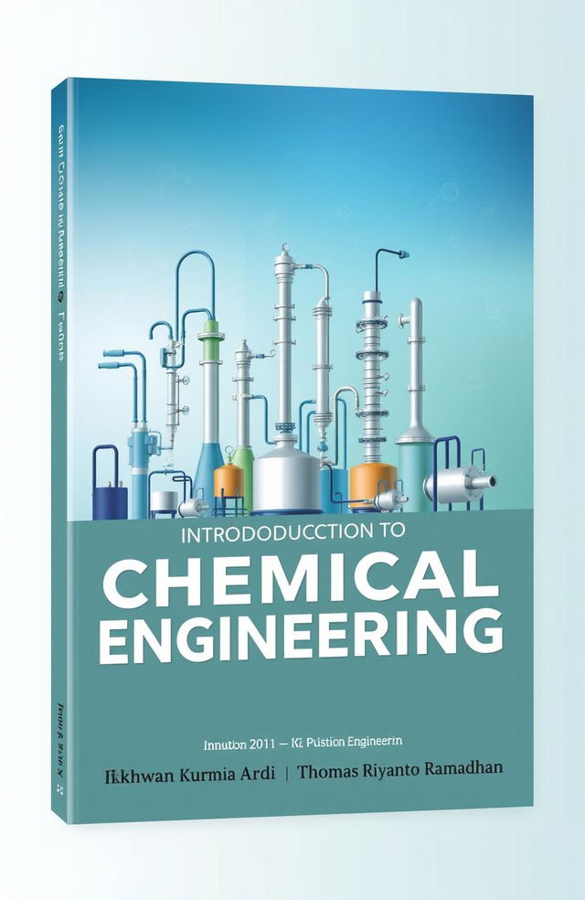 A book cover design for an introduction to chemical engineering, featuring various industrial chemical engineering equipment like reactors, distillation columns, and heat exchangers, with a sophisticated and modern aesthetic