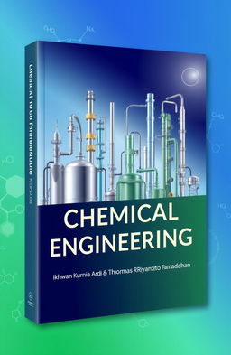 A book cover design for an introduction to chemical engineering, featuring various industrial chemical engineering equipment like reactors, distillation columns, and heat exchangers, with a sophisticated and modern aesthetic