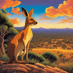 A vibrant Studio Ghibli poster featuring a detailed kangaroo in a color-rich Australian outback setting during dusk.