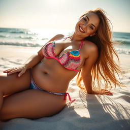 A voluptuous Russian woman lounging on the beach, showcasing her curves in a colorful bikini