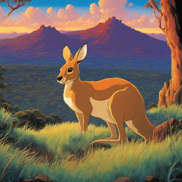 A vibrant Studio Ghibli poster featuring a detailed kangaroo in a color-rich Australian outback setting during dusk.