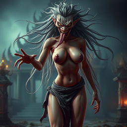 A fierce and seductive Thai female ghost with long flowing hair, a wild and intimidating face, and a long tongue