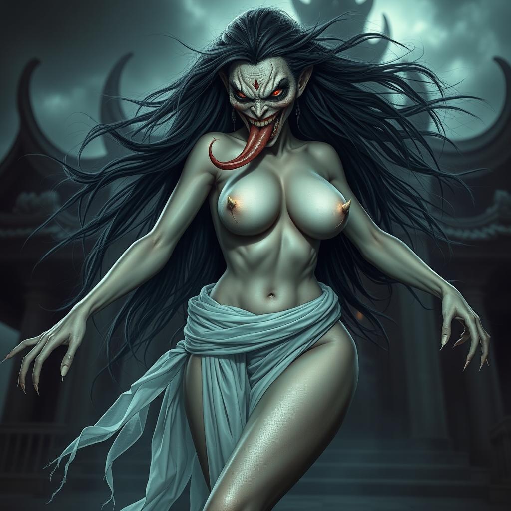 A fierce and seductive Thai female ghost with long flowing hair, a wild and intimidating face, and a long tongue