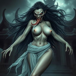 A fierce and seductive Thai female ghost with long flowing hair, a wild and intimidating face, and a long tongue