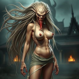 A fierce and seductive Thai female ghost with long flowing hair, a wild and intimidating face, and a long tongue