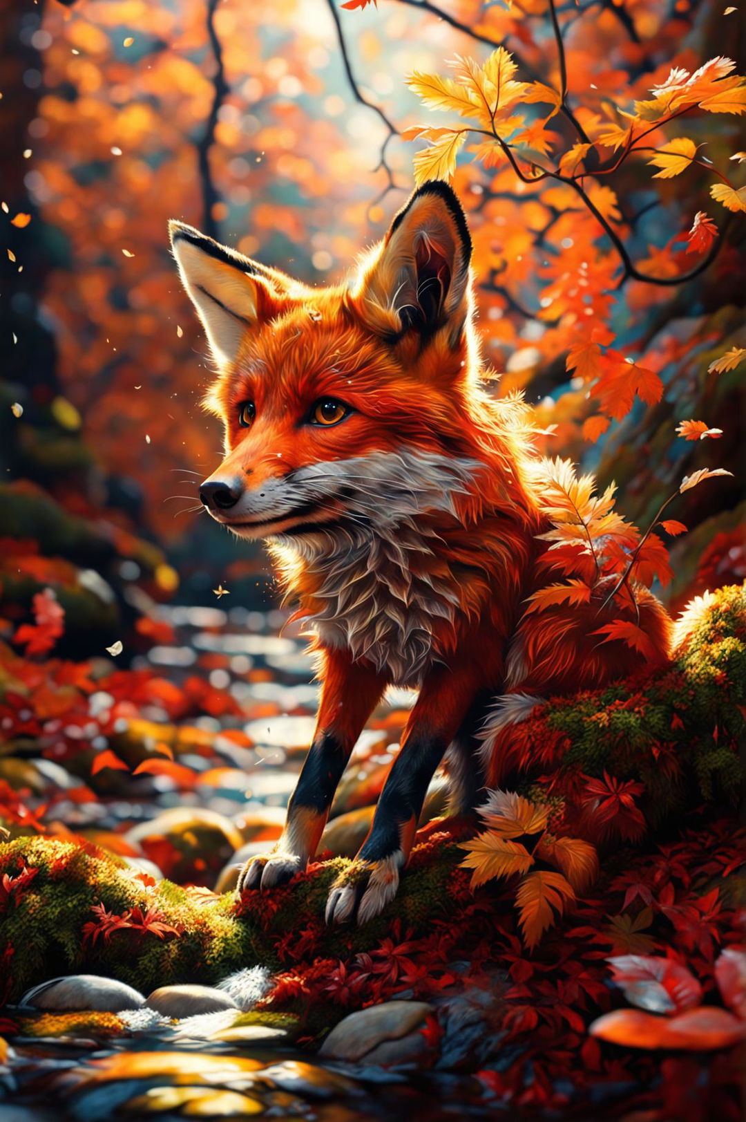 Digital art of a curious red-orange fox in an autumnal forest, its green eyes focused on a fluttering leaf.