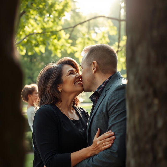 A captivating scene capturing a hidden guy, subtly peeking from behind a tree or a wall as he spies on a mature woman sharing a romantic kiss with her boyfriend