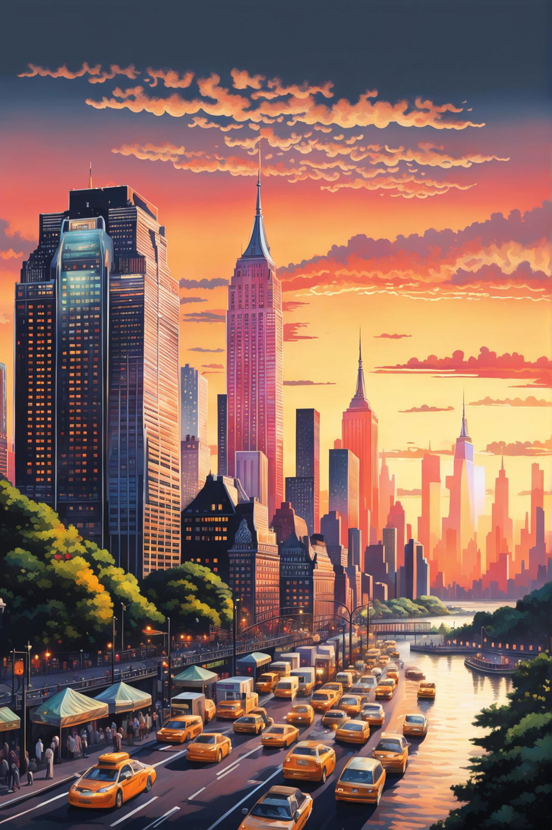 Realistic digital art of New York City's skyline at sunset with bustling streets, iconic buildings, Central Park, and Statue of Liberty