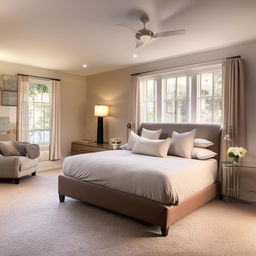 Spacious and modern bedroom with a luxurious king-size bed, elegant furniture, pastel-colored walls, plush carpeting, and ample natural light through large windows.