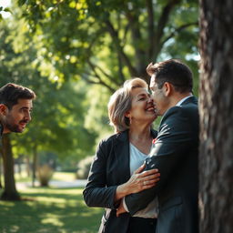 A captivating scene capturing a hidden guy, subtly peeking from behind a tree or a wall as he spies on a mature woman sharing a romantic kiss with her boyfriend