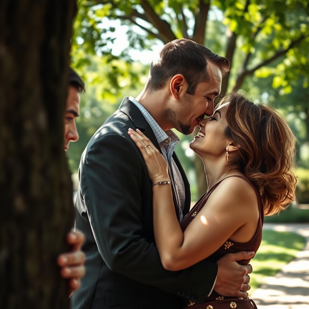 A captivating scene capturing a hidden guy, subtly peeking from behind a tree or a wall as he spies on a mature woman sharing a romantic kiss with her boyfriend