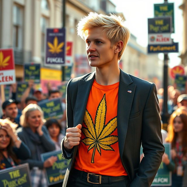 A young man with striking blonde hair campaigning for parliament, dressed in a well-fitted dark suit over a vibrant cannabis-themed T-shirt featuring a large, eye-catching cannabis leaf design