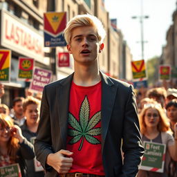 A young man with striking blonde hair campaigning for parliament, dressed in a well-fitted dark suit over a vibrant cannabis-themed T-shirt featuring a large, eye-catching cannabis leaf design