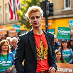 A young man with striking blonde hair campaigning for parliament, dressed in a well-fitted dark suit over a vibrant cannabis-themed T-shirt featuring a large, eye-catching cannabis leaf design