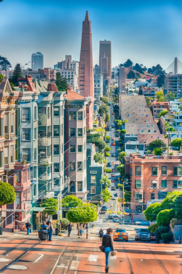 Raw photograph of San Francisco's cityscape taken with a 200mm lens, showcasing the city's unique architecture and natural beauty