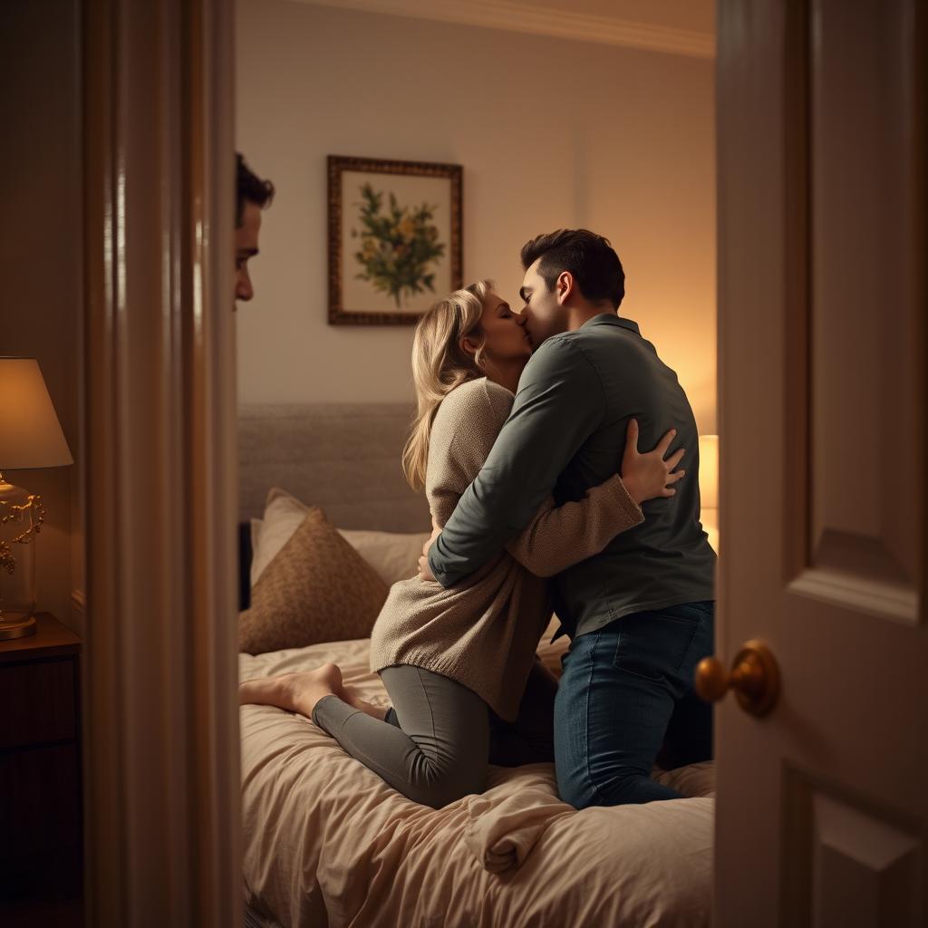 A captivating scene showing a hidden guy peeking through a slightly open bedroom door, spying on a mature woman engaged in a romantic kiss with her boyfriend on the bed