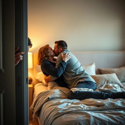 A captivating scene showing a hidden guy peeking through a slightly open bedroom door, spying on a mature woman engaged in a romantic kiss with her boyfriend on the bed