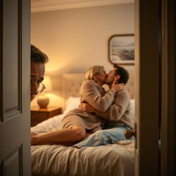 A captivating scene showing a hidden guy peeking through a slightly open bedroom door, spying on a mature woman engaged in a romantic kiss with her boyfriend on the bed