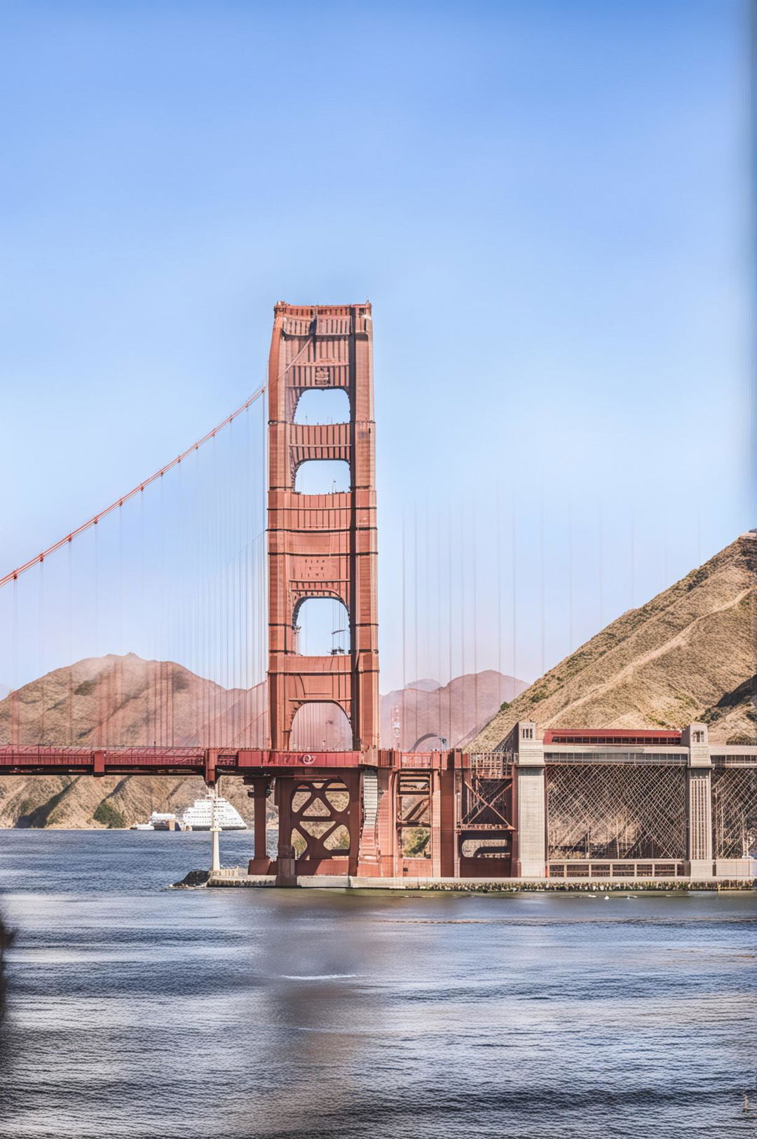 Raw photograph of the Golden Gate Bridge in San Francisco taken with a 200mm lens, highlighting its architectural magnificence