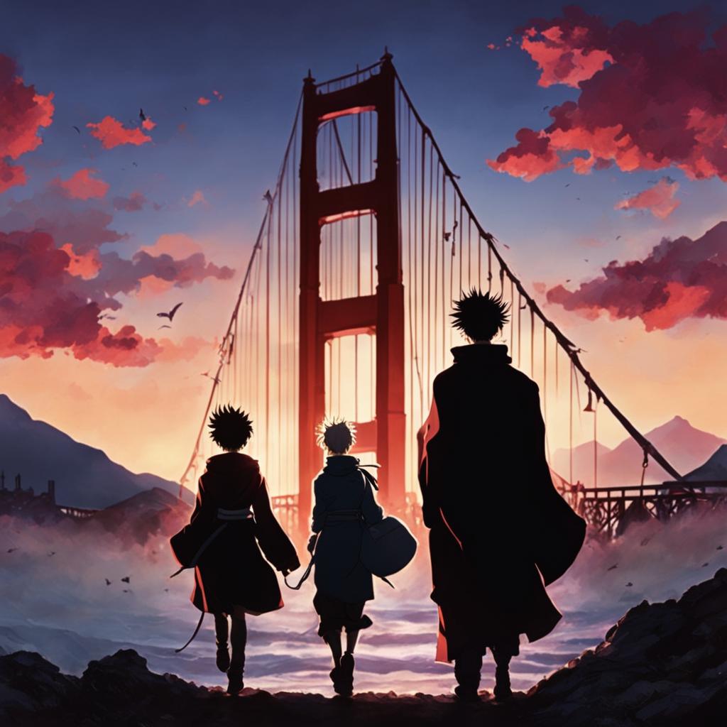 Golden Gate Bridge in Jujutsu Kaisen style with characters silhouetted against twilight sky.