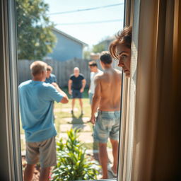 A dramatic scene featuring a hidden mature brunette woman in a stylish bikini peering anxiously from behind a window, observing a group of bullies confronting and threatening a young boy outside