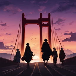 Golden Gate Bridge in Jujutsu Kaisen style with characters silhouetted against twilight sky.