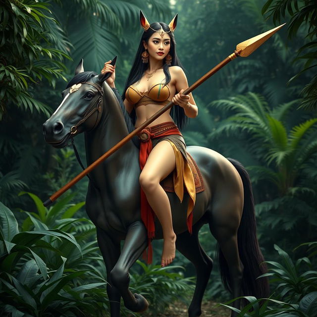 A beautiful Thai woman with long hair and an attractive face, featuring large breasts with prominent nipples, holding a large spear