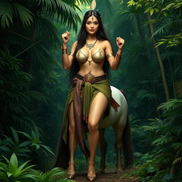 A beautiful Thai woman with long hair and an attractive face, featuring large breasts with prominent nipples, holding a large spear