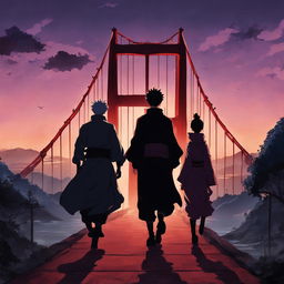 Golden Gate Bridge in Jujutsu Kaisen style with characters silhouetted against twilight sky.