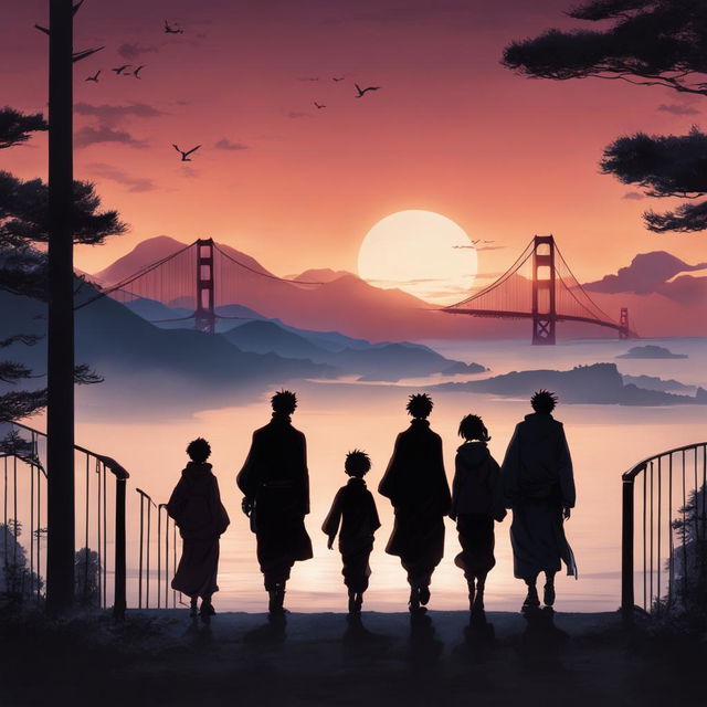 Golden Gate Bridge in Jujutsu Kaisen style with characters silhouetted against twilight sky.