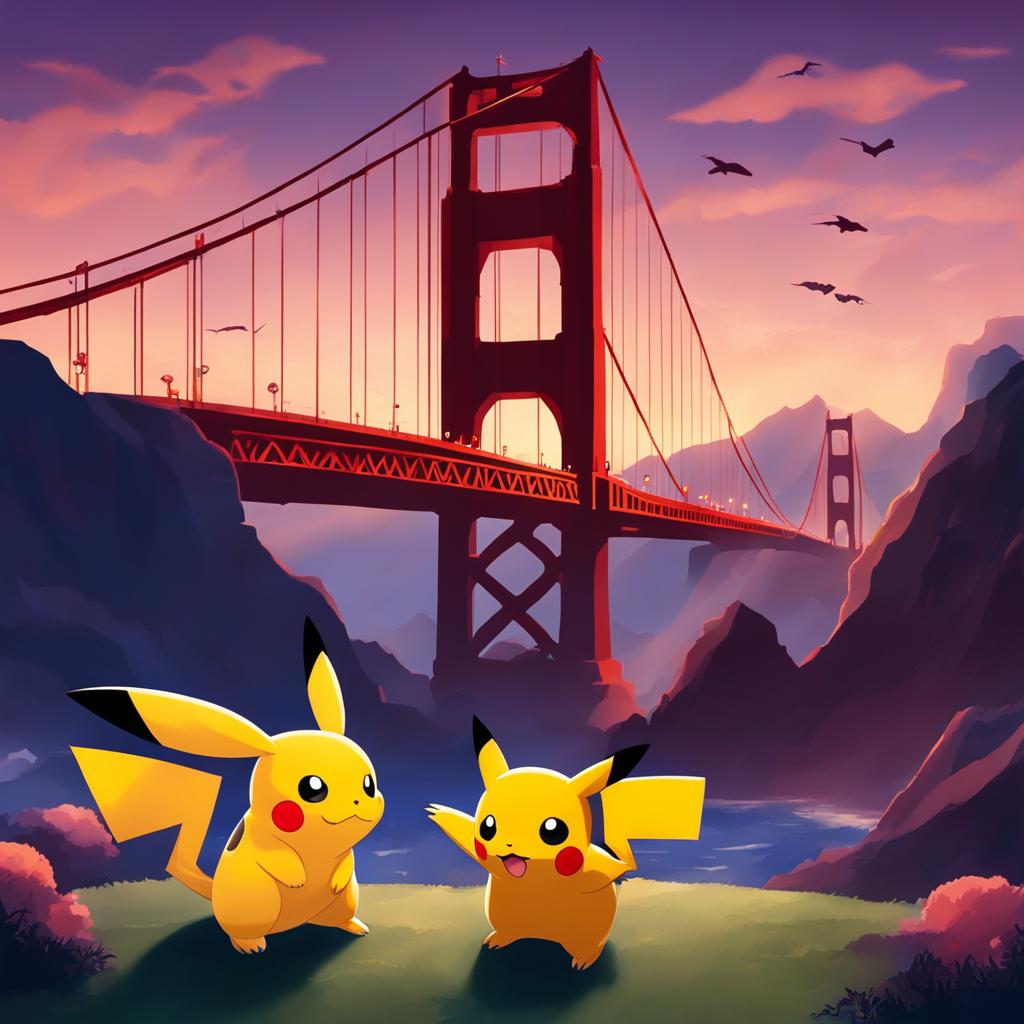 Golden Gate Bridge in Pokemon style with Pokemon silhouettes against twilight sky.