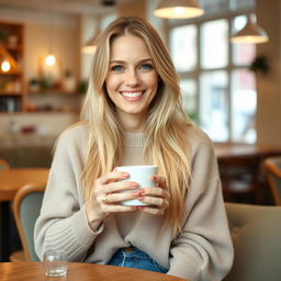 A 35-year-old Danish woman with long blonde hair, smiling warmly