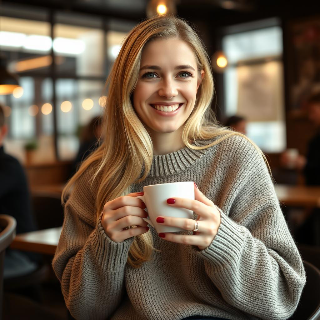 A 35-year-old Danish woman with long blonde hair, smiling warmly